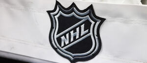 Logo NHL na spodku hokejové branky