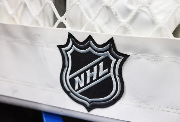 Logo NHL na spodku hokejové branky
