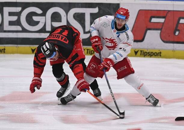 Zápas Tipsport ELH, Třinec vs. Olomouc, v souboji o puk Miloš Roman (Třinec) a Lukáš Nahodil (Olomouc)