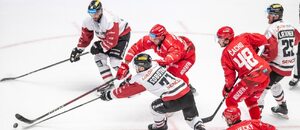 Hokej extraliga, Sparta Praha vs. Třinec, o puk se přetahují Vladimír Sobotka (Sparta) a Martin Marinčin (Třinec)