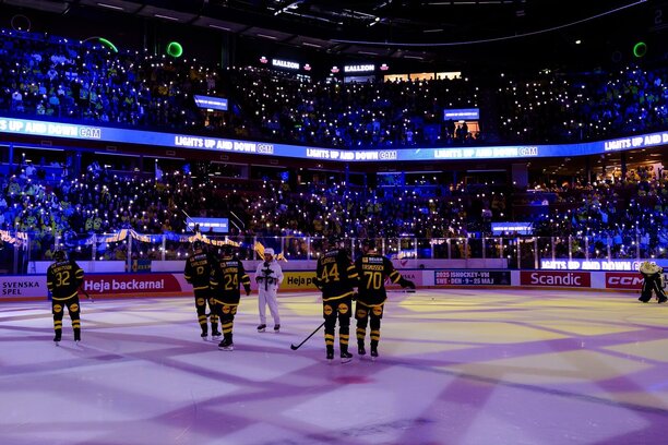 Švédské hokejové hry, hráči domácího švédského týmu před startem utkání s Finskem, atmosféra