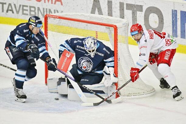 Hokejisté Michal Ivan, brankář Petr Kváča (Bílí Tygři) a Patrik Hrehorčák (Oceláři) v zápase Liberec vs. Třinec, který v extralize uvidíme i dnes