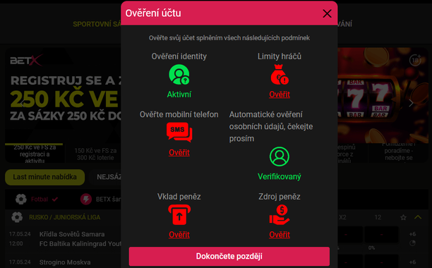 Registrace u BetX online - ověření účtu, dokončení regitrace a přihlášení k m Bet X